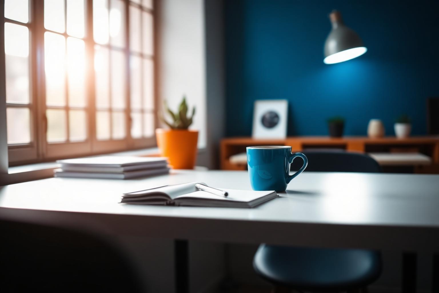 Een rustige, opgeruimde werkplek met notitieboek en koffie